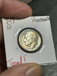 1947 D Roosevelt Silver Dime Stunning Toned Toning Coin (Raw13891) - Picture 1 of 2