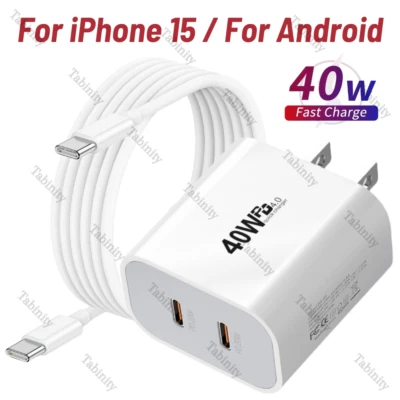 Dual PD 40W Fast Wall Charger USB-C to C Cord For iPhone 15 Pro Max Plus Android - Image 1 of 4