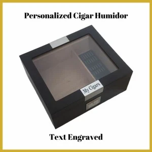 Personalized Cigar Humidor Hygrometer & Humidifier Box Holds 25-50 Cigars - Picture 1 of 6