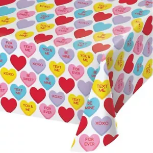 Candy Hearts Valentines Day 1 Ct Plastic Tablecover Pink Red 54x102 - Picture 1 of 1