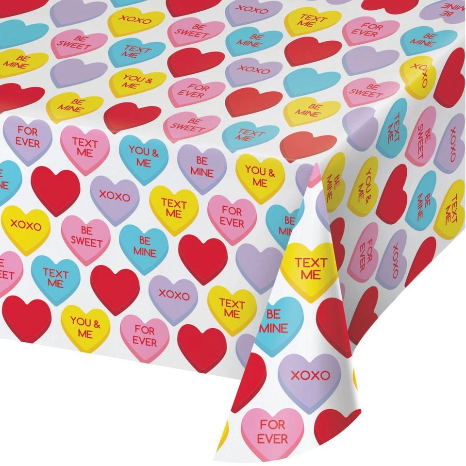 Candy Hearts Valentines Day 1 Ct Plastic Tablecover Pink Red 54x102 - Image 1 of 1
