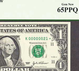 2003A FR Note DALLAS $1 Fr 1931-K LOW Serial 00000021 ☆STAR☆ GEM UNC PCGS 65 PPQ - Picture 1 of 3