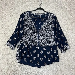 Lucky Brand Blouse Womens 1X Blue V Neck Floral Relaxed Boho Island Travel - Picture 1 of 8