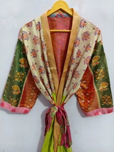 Woman's Clothing Multi Color Patchwork Sari Silk Kimono Bathrobe, B-3474 - Picture 1 of 7