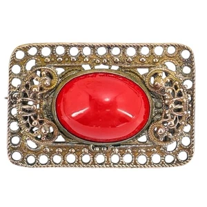 Vintage 20s Red Glass Cabochon Brooch Brass Filigree Czech Style Early Art Deco - Picture 1 of 6