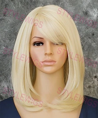 Peluca rubia clara hombro capas medias rectas calor OK mezcla cabello humano EVBD Foto 1 de 4