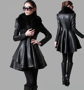 New Women's Long Slim leather jacket fur leather trench coat windbreaker belt - Picture 1 of 9