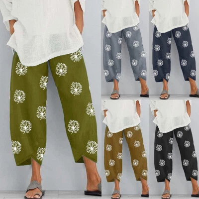Women's Loose Ankle Pants Dandelion Printed Linen Elastic Wasit Cropped Trousers - Image 1 of 4