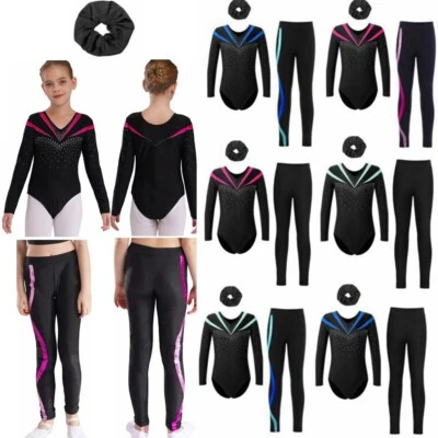 IEFIEL DE Mädchen Turnanzug Glitzer Gymnastik Langarm Ballett Trikot+Leggings+Haarband