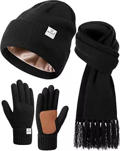 Womens Satin Lined Beanie Scarf Gloves Set Silk Lined Winter Hats Knit Scarf - Picture 1 of 12