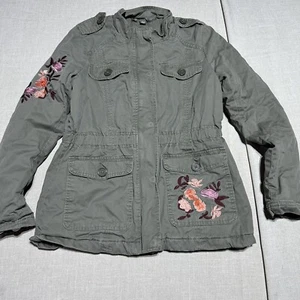Jou Jou Embroidered Utility Jacket GIRLS L Olive Green Floral - Picture 1 of 10