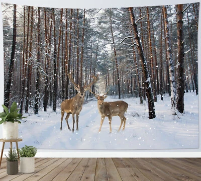 Winter Forest Landscape Christmas Deer Tapestry for Bedroom Living Room Dorm - Image 1 of 4