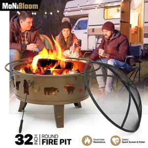 32" Gold[PATIO FIRE PIT+POKER+SPARK SCREEN]Backyard Wood Burning Round Fireplace - Picture 1 of 11