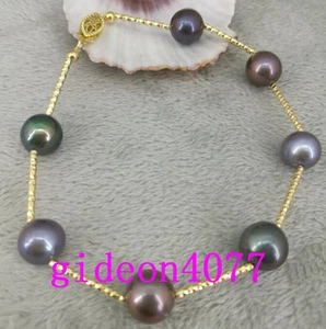 Pulsera redonda de perlas negras de Tahití AAA 10-9 mm cierre de 14K de 7,5-8 pulgadas  - Imagen 1 de 2