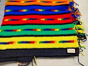 Black Multicolor Rainbow Striped Crocheted Afghan 68 x 45 Inch Throw Lap Blanket - Picture 1 of 5