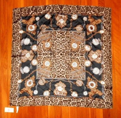 Women's Adrienne Landau Time Clock Black Leopard Vintage Silk Scarf - 34"x34" - Image 1 of 4