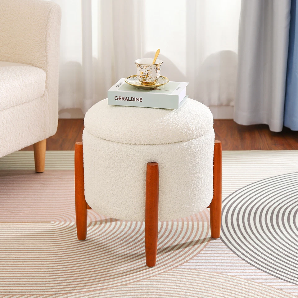 Teddy Velvet Round Storage Ottoman White Foot Rest Round Footstool For Bedroom - Image 1 of 4