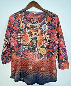 Energe Y2K Sugar Skull Cat Top Shirt L Whimsical Festival Folk Art Vibrant - Bild 1 von 8