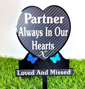 Partner Memorial Heart Plaque with Blue Butterflies – Graveside Tribute - Picture 1 of 4