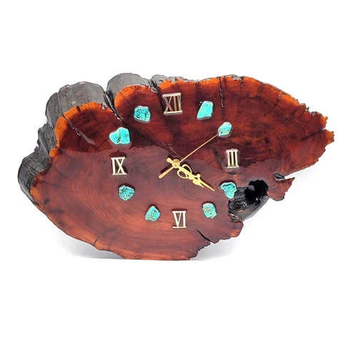 Manzanita Burlwood Live Edge Wall Clock Large 8 Genuine Natural Turquoise Insets Cover