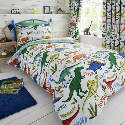 HLC Boys Girls Dinosaur Park Jurassic Green Reversible Duvet Cover Curtains - Image 1 of 4