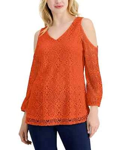 JM Collection Women's Petite Size PP Relaxed Cold-Shoulder Lace Top, Orange - Picture 1 of 6