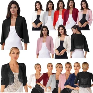 UK Women's 3/4 Sleeve Chiffon Cardigan Bolero Shrug Crop Cardigan Shawl Cover Up - Picture 1 of 103