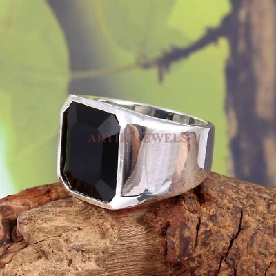 Natural Black Onyx With 14K White Gold Plated Silver Ring for Men's #1170 - Image 1 of 4