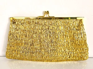 VINTAGE 60's Gold Lame Smocked Clutch Snap Close Disco Italy Theater - Picture 1 of 5