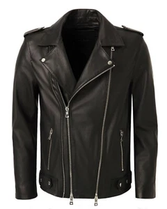 Chaqueta de motociclista de cuero genuino negra de piel de cordero de lujo para hombre - Imagen 1 de 6