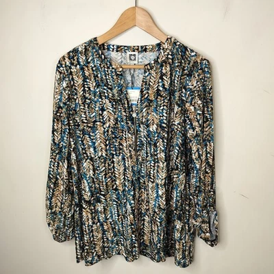 Camiseta deportiva elástica geométrica con cremallera manga lengüeta delantera Anne Klein para mujer talla XL NUEVO Foto 1 de 4