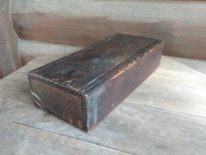 Vintage Primitive Make Do Brown Slide Top Wooden Candle Box Chamfered Lid - Picture 1 of 16