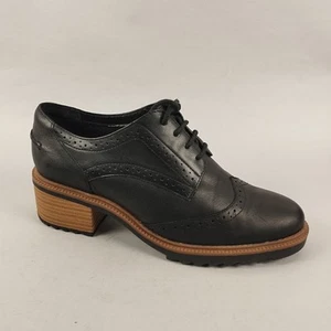 Clarks Brogues Womens 5.5 Black Leather Lace Up Shoes Oxford Chunky Heeled Smart - Picture 1 of 15