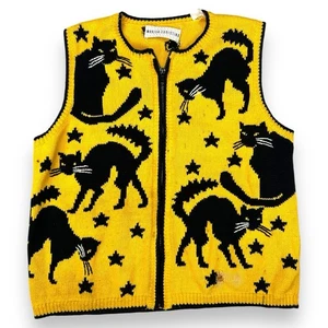 Vintage Marisa Christina Ugly Halloween Sweater Vest Size M Black Cats Spooky - Picture 1 of 7