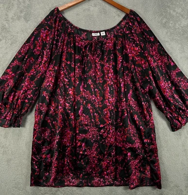 CATO Womens Plus 26W Black Pink Floral Satin Tops Shirt Blouse Balloon Sleeve - Image 1 of 4