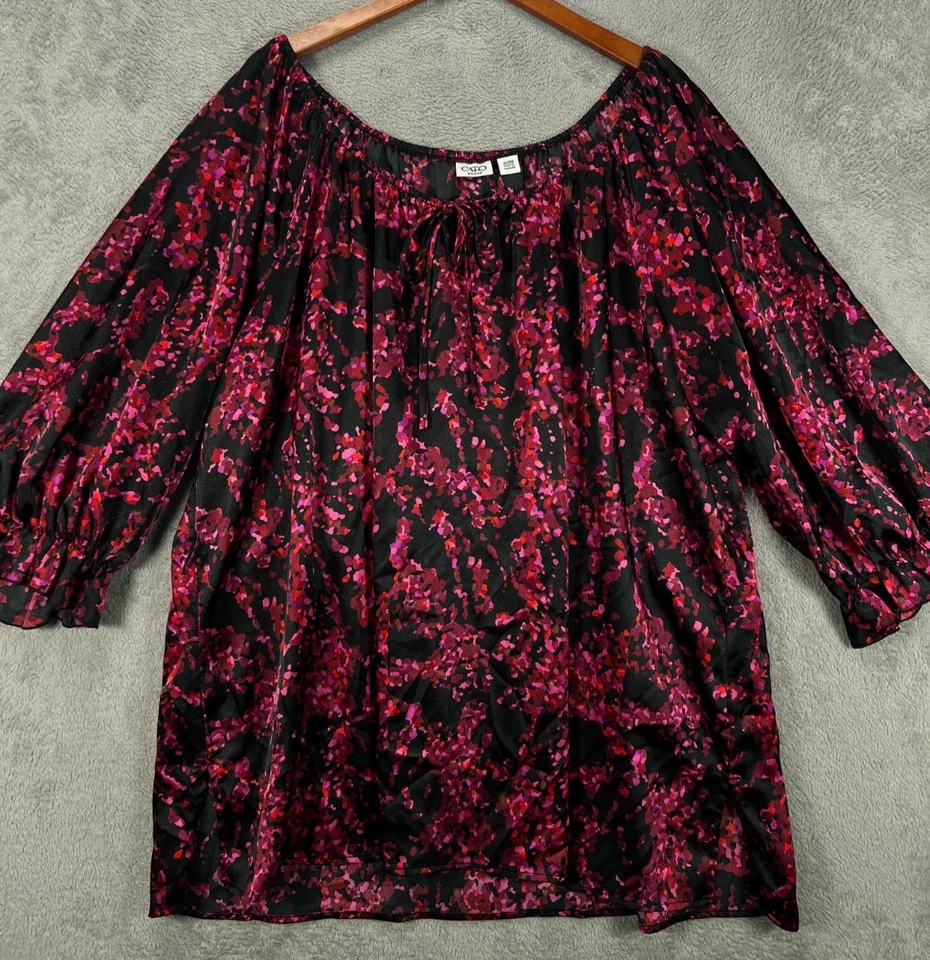 CATO Mujer Plus 26W Negro Rosa Floral Satén Prendas para el torso Camisa Blusa Manga Globo Foto 1 de 4