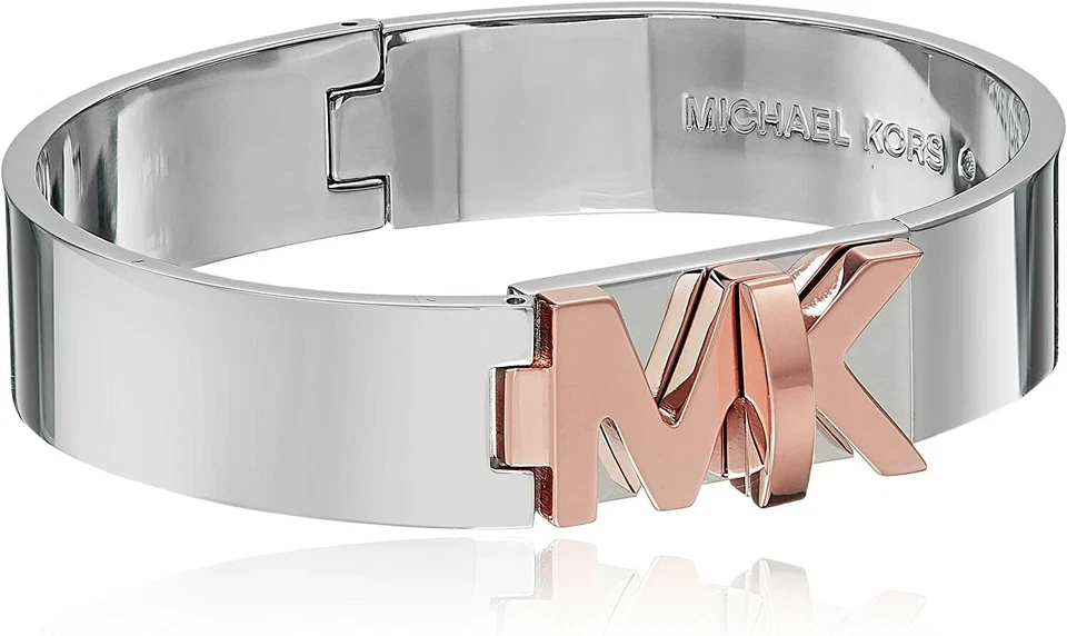 NEW MICHAEL KORS SILVER,LOGO ROSE GOLD 2 TONE TURN LOCK,OVAL CUFF BANGLE MKJ6839 - Image 1 of 1