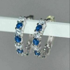 4Ct Round Cut Blue Sapphire & Diamond Hoop Women's Earring 14K White Gold Finish