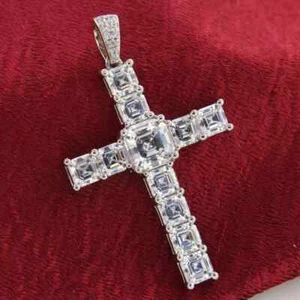 2Ct Ascher Cut Lab Created Diamond Cross Weddings Pendant 14K White Gold Plated - Picture 1 of 5