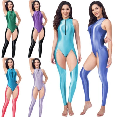 AMORESY Para Mujer Brillante Mono de Una Pieza Cremallera Frontal Natación Yoga Gato Traje Mamelucos Foto 1 de 4