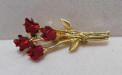 "Delicado Broche 4 Rosas Rojas Metálicas Ramo Tono Dorado Cierre en C 1-1/2""" Foto 1 de 4