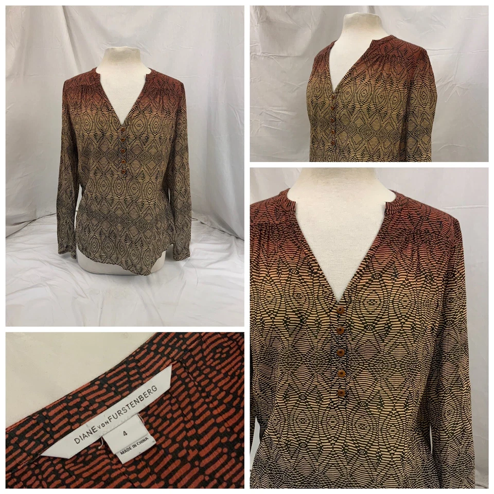 Blusa Diane von Furstenberg 4 Tostado Negro Tejido Seda Botón Manga 3/4 YGI S1-188 Foto 1 de 4