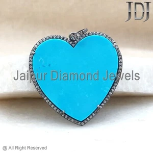 Natural Pave Diamond Heart Charm Pendant Turquoise Gemstone 925 Silver Pendant - Picture 1 of 6