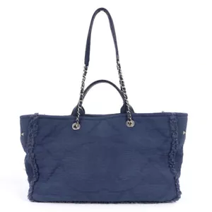 Chanel Denim Tote Coco Mark Blue Leather Tote Bag Women's Auth - Picture 1 of 10