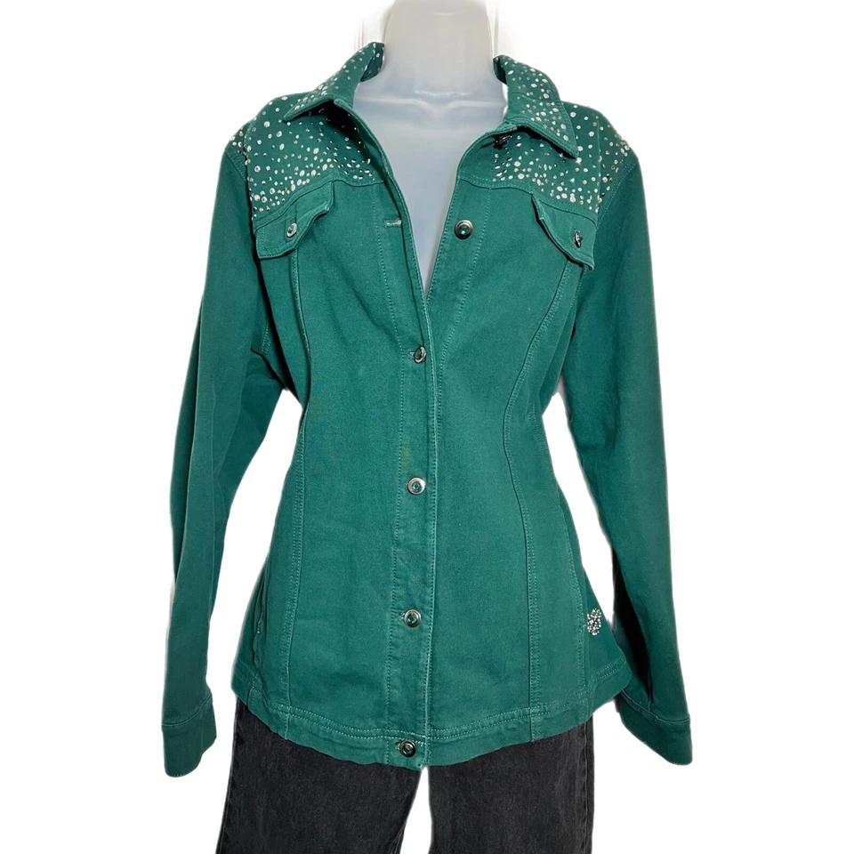 Green Large Jeweled Sequined Country Western Concert Denim Style Jacket - Image 1 of 4