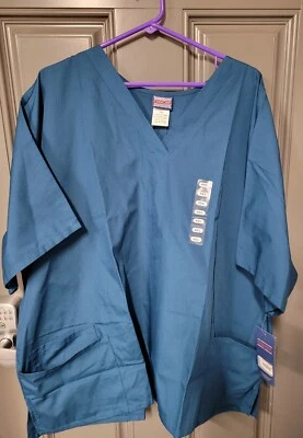 New 4XL Cherokee Workwear Unisex Men Women V-Neck Scrub Top Caribbean Blue  - Image 1 of 4
