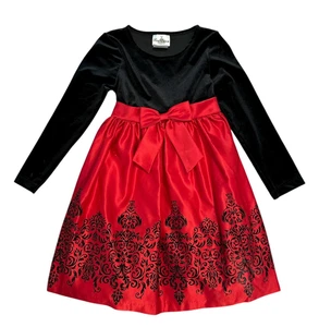 Girls Christmas Party Dress Sz 6 X Black Velvet Flocked Red Satin Rare Editions - Picture 1 of 4