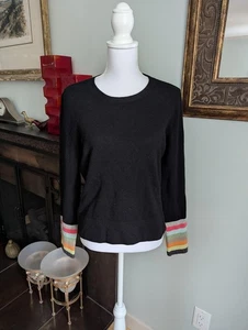 Y2K Bloomingdales Women's M/L Black Colorful Stripe Cuff Cashmere Sweater FLAW - Picture 1 of 9