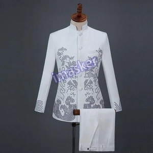 Men's Floral Casual  Chinese Style Tang Suit Stand Collar Coat Pants 2PCS - Picture 1 of 22