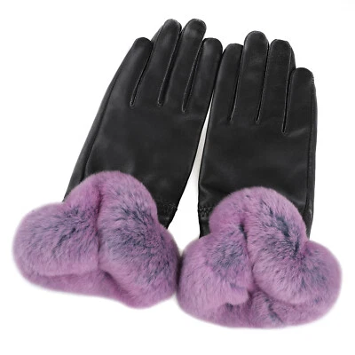Women's Winter Warm Genuine Leather Gloves Rex Rabbit Fur Trim Cuff Velvet Lined - Image 1 of 4